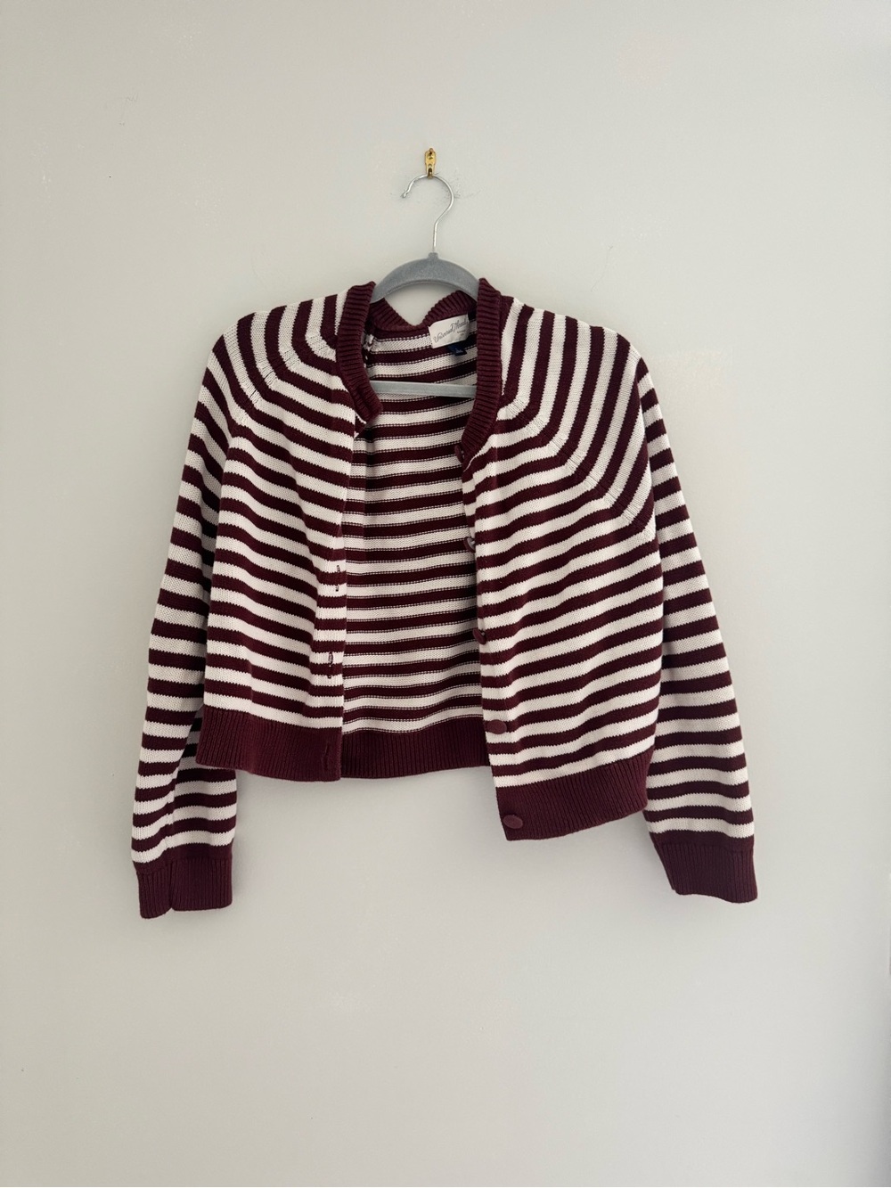 Universal Thread Striped Cropped Cardigan Jacket in Burgundy & Cream